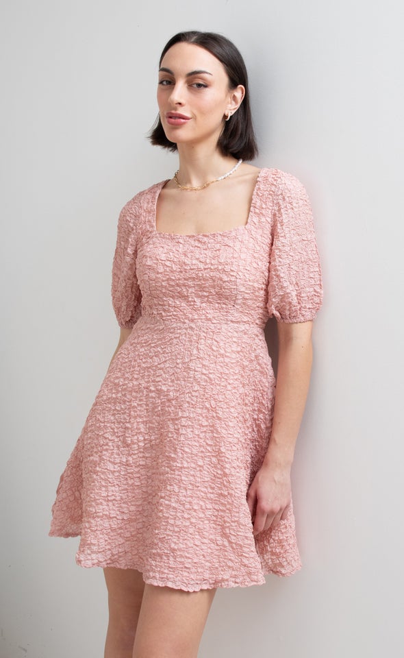 Textured CDC Puff Sleeve Dress Dusky Pink