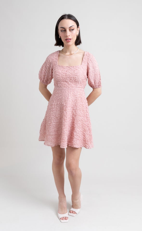 Textured CDC Puff Sleeve Dress Dusky Pink