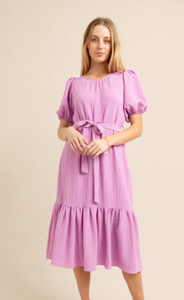 Textured CDC Puff Sleeve Midi Dress Orchid