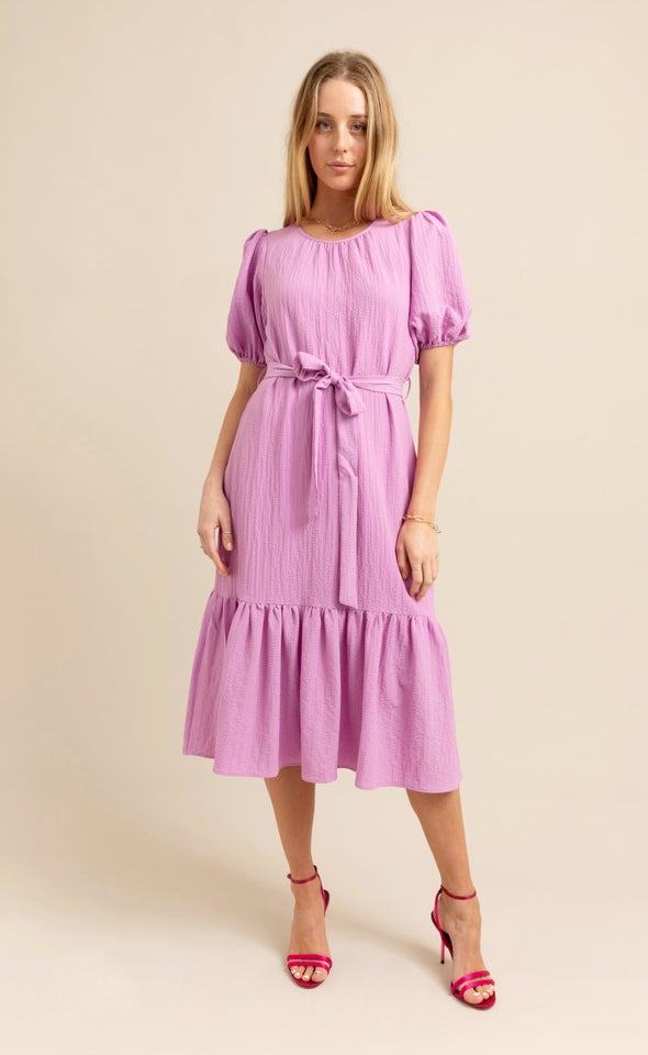Textured CDC Puff Sleeve Midi Dress Orchid