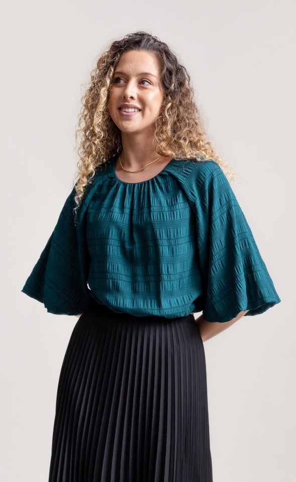 Textured CDC Puff Sleeve Top Emerald
