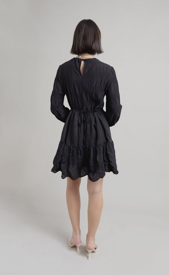 Textured CDC Ruffle LS Swing Dress Black