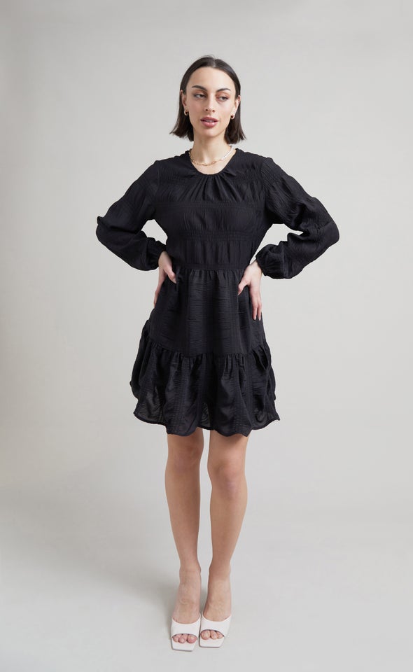 Textured CDC Ruffle LS Swing Dress Black