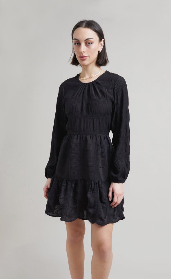 Textured CDC Ruffle LS Swing Dress Black