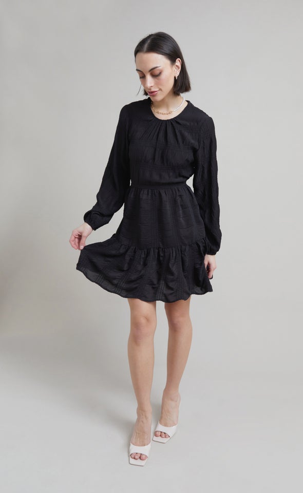 Textured CDC Ruffle LS Swing Dress Black