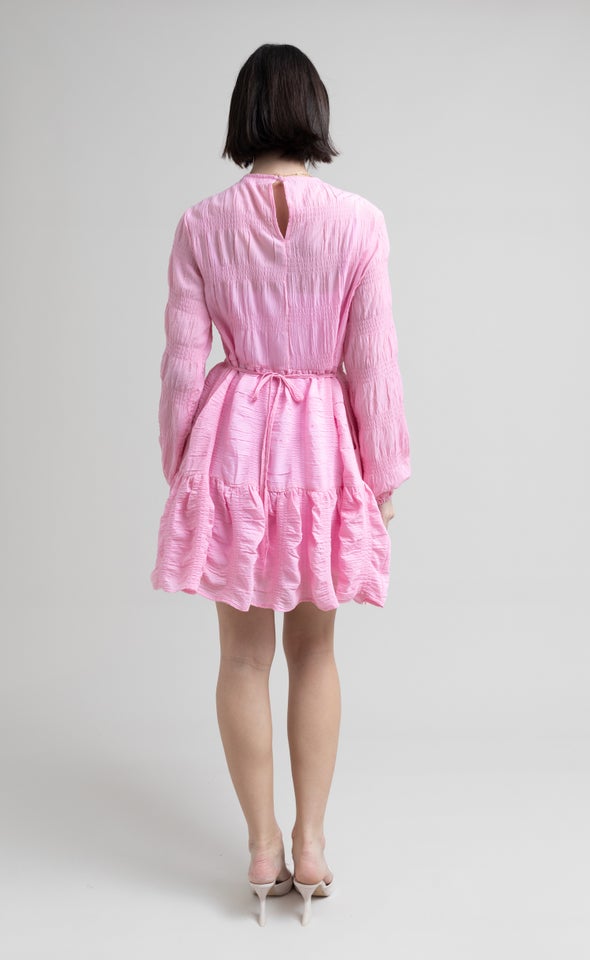 Textured CDC Ruffle LS Swing Dress Bubblegum Pink