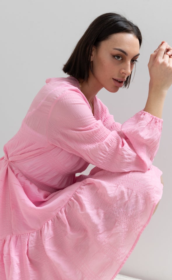 Textured CDC Ruffle LS Swing Dress Bubblegum Pink