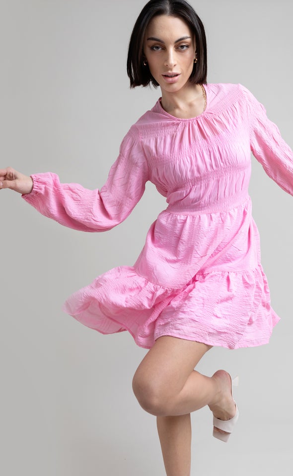 Textured CDC Ruffle LS Swing Dress Bubblegum Pink