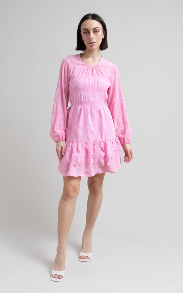Textured CDC Ruffle LS Swing Dress Bubblegum Pink