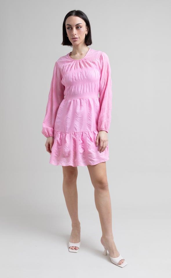 Textured CDC Ruffle LS Swing Dress Bubblegum Pink