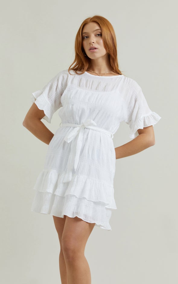Textured CDC Ruffle T-Shirt Dress Cream