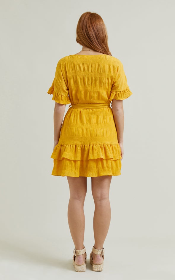 Textured CDC Ruffle T-Shirt Dress Mustard