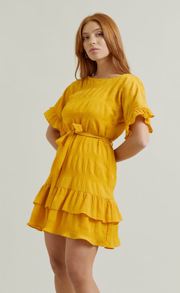 Textured CDC Ruffle T-Shirt Dress Mustard