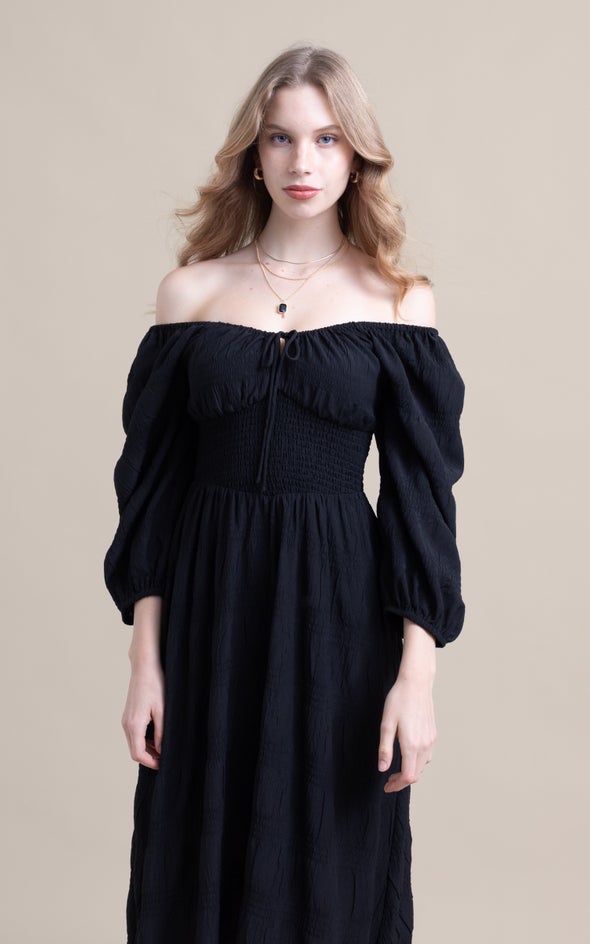 Textured CDC Shirred Corset Dress Black