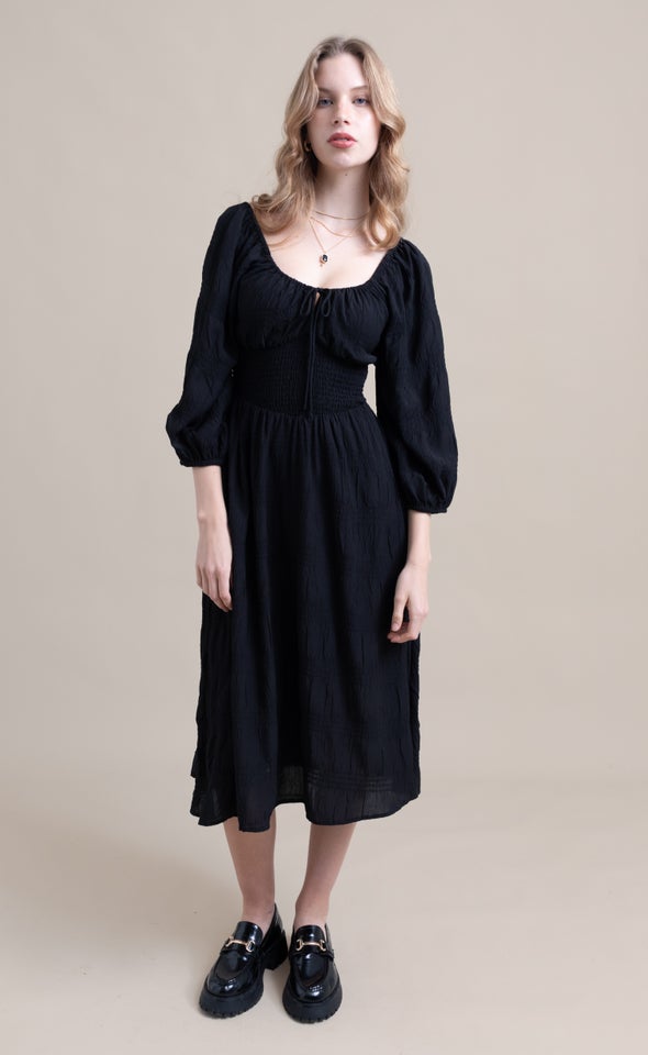 Textured CDC Shirred Corset Dress Black