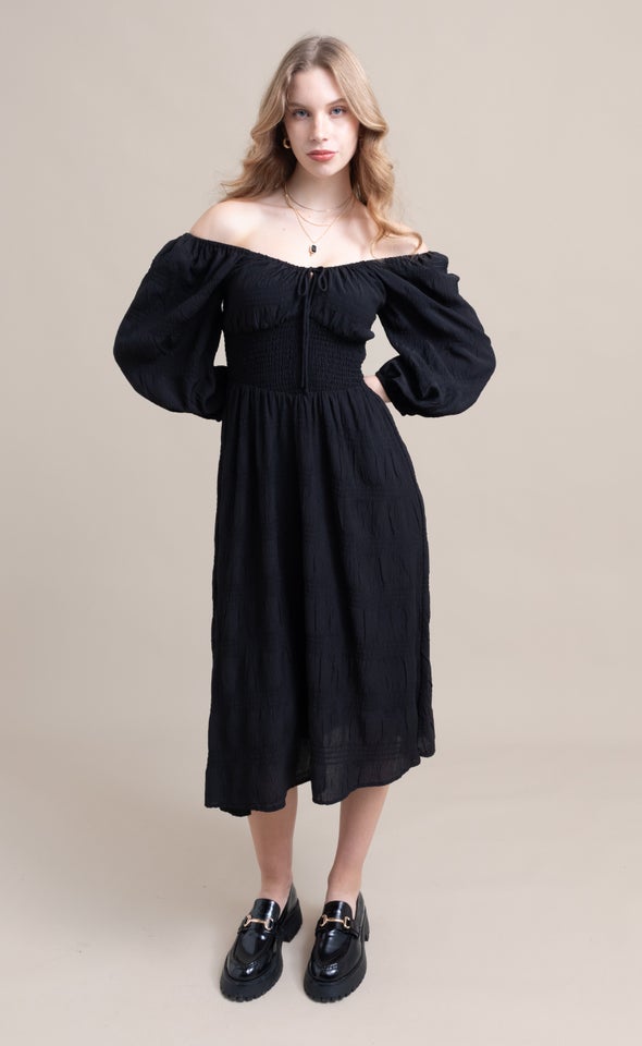Textured CDC Shirred Corset Dress Black
