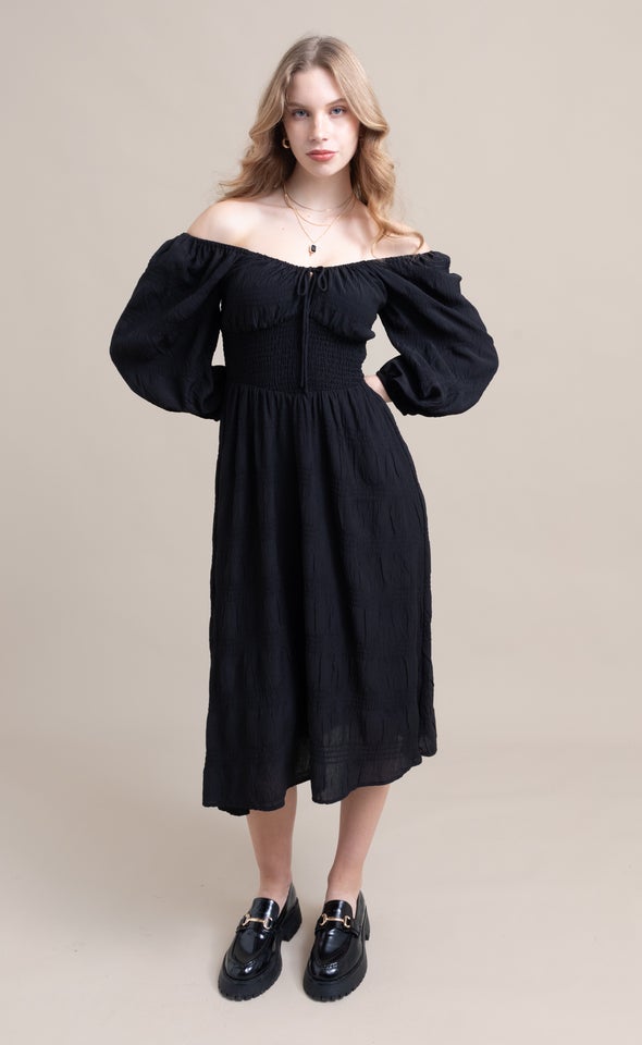 Textured CDC Shirred Corset Dress Black
