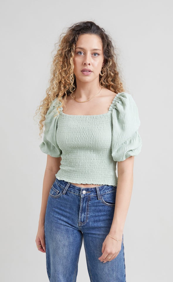 Textured CDC Shirred Top Light Sage
