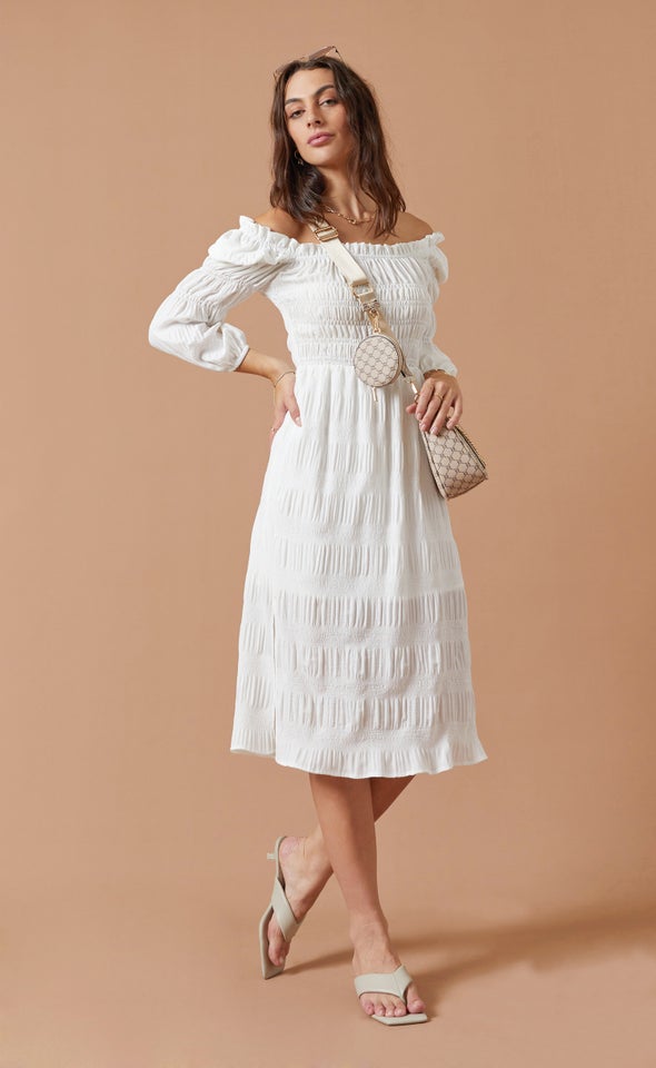 Textured CDC Square Neck Dress Cream