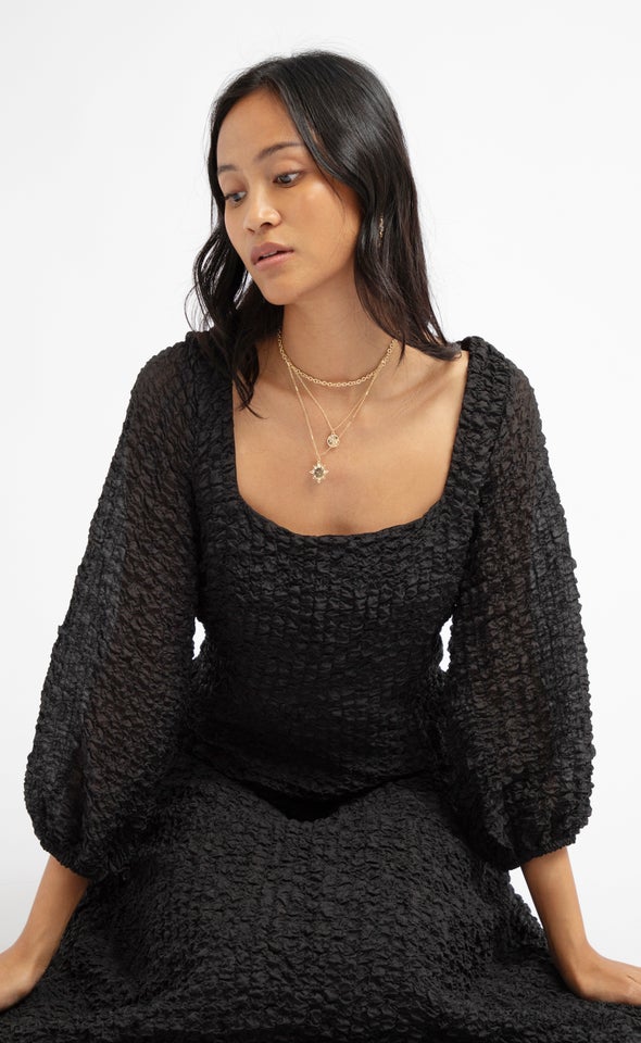 Textured CDC Square Neck Midi Dress Black
