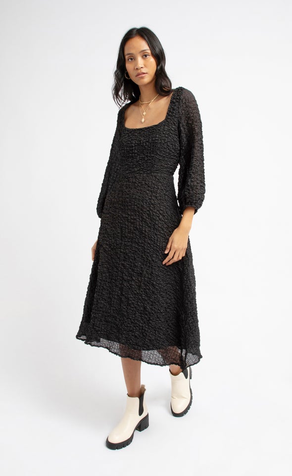 Textured CDC Square Neck Midi Dress Black