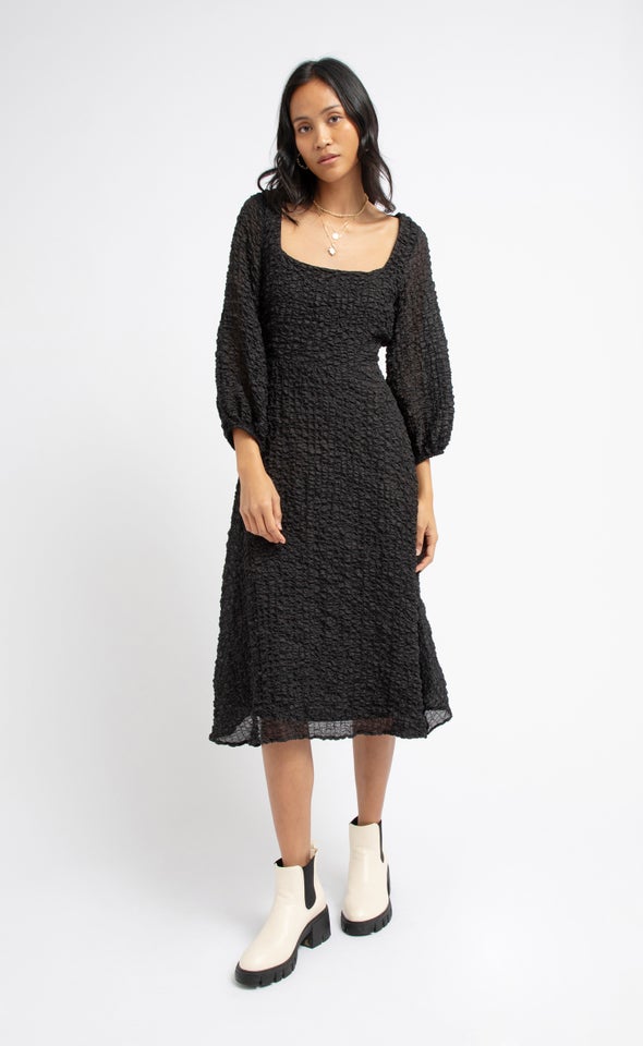 Textured CDC Square Neck Midi Dress Black