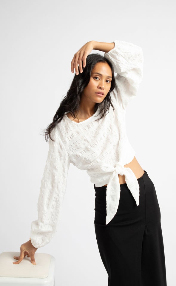 Textured CDC Tie Front LS Top Cream