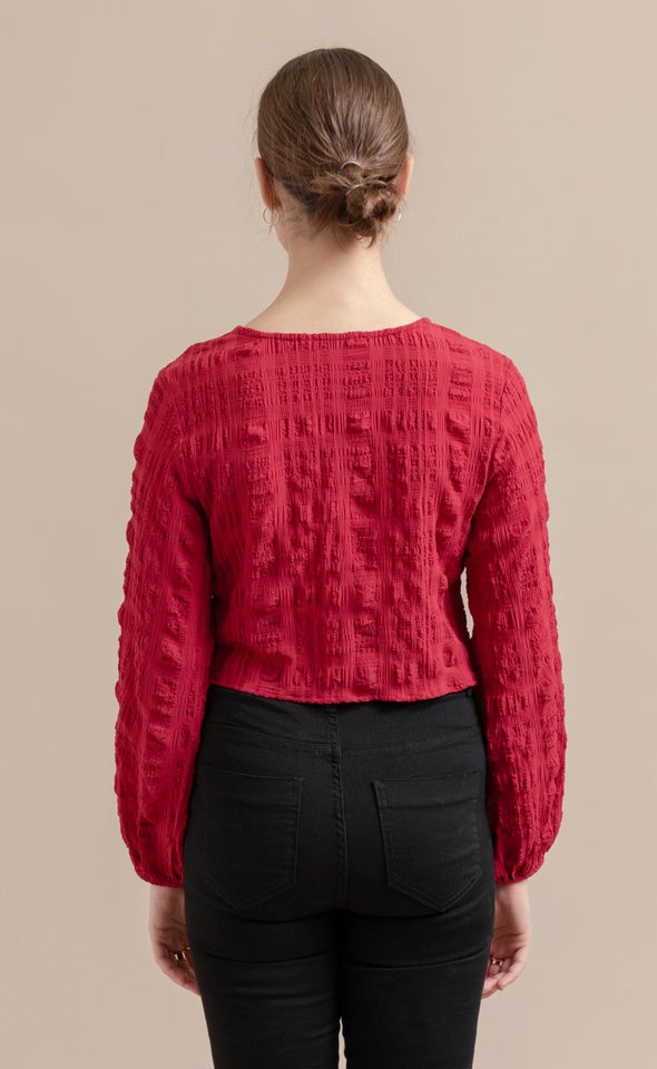 Textured CDC Tie Front LS Top Red Wine