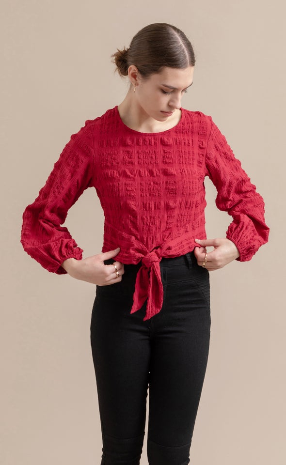 Textured CDC Tie Front LS Top Red Wine