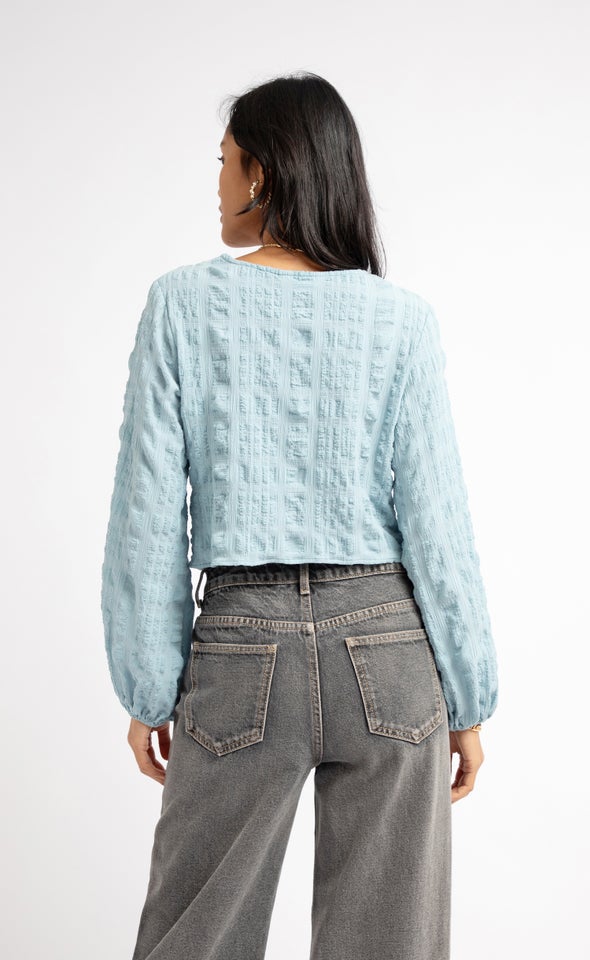 Textured CDC Tie Front LS Top Slate Blue