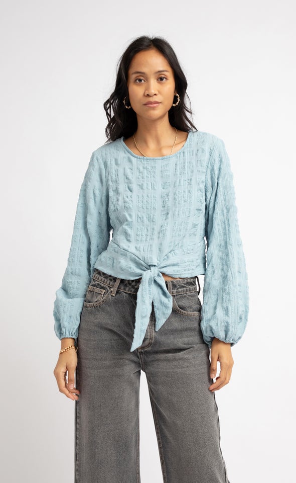 Textured CDC Tie Front LS Top Slate Blue