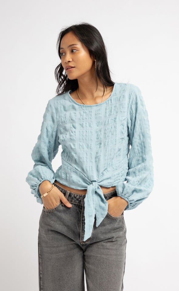 Textured CDC Tie Front LS Top Slate Blue