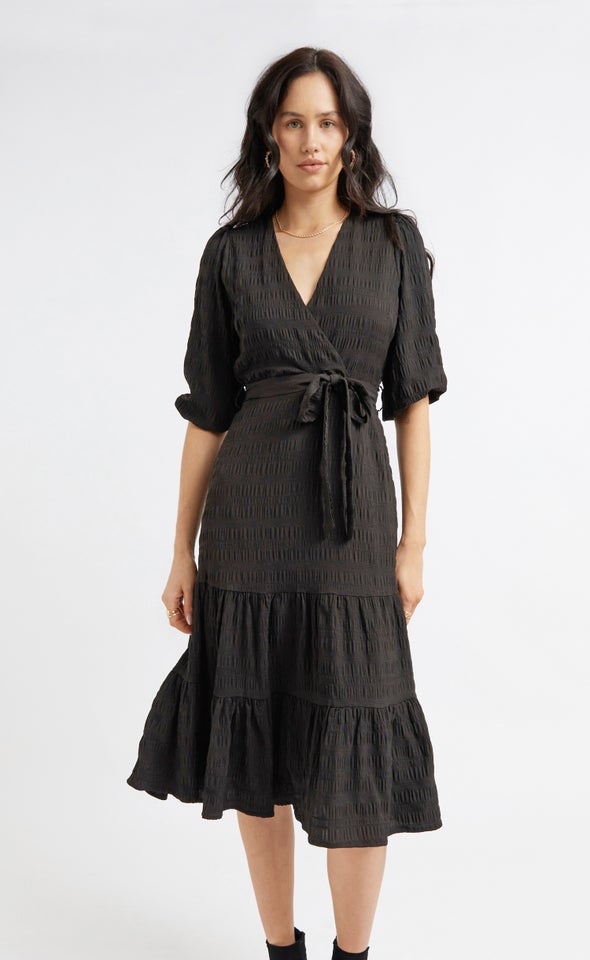 Textured CDC Wrap Midi Dress Black