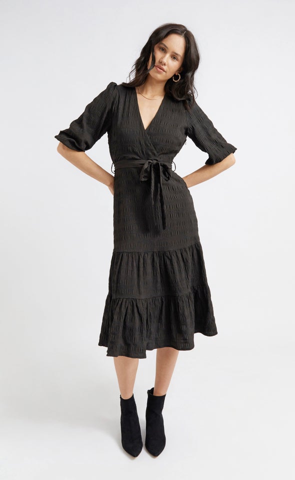 Textured CDC Wrap Midi Dress Black