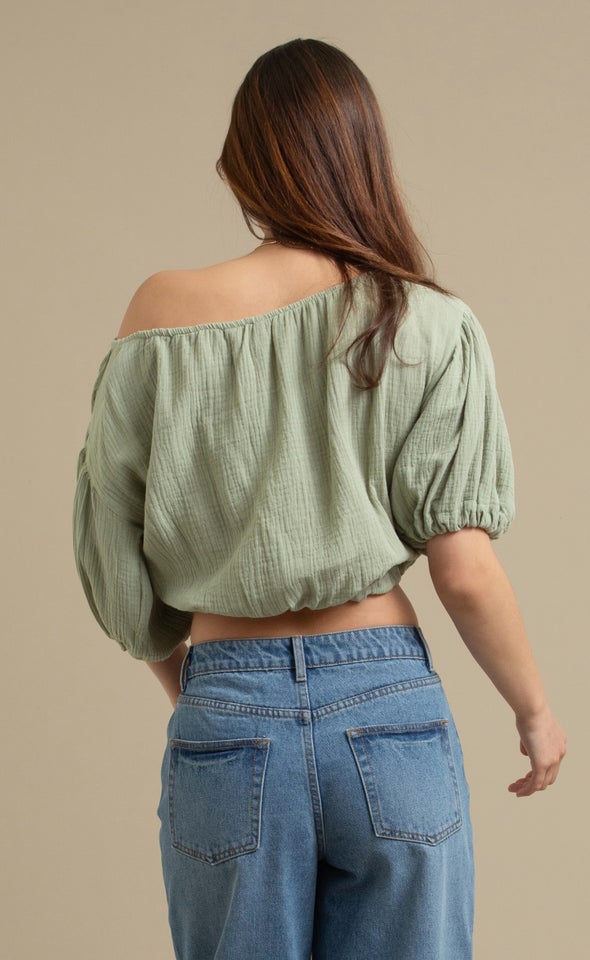Textured Cotton Puff Sleeve Top Sage