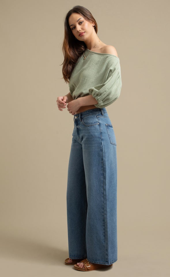 Textured Cotton Puff Sleeve Top Sage