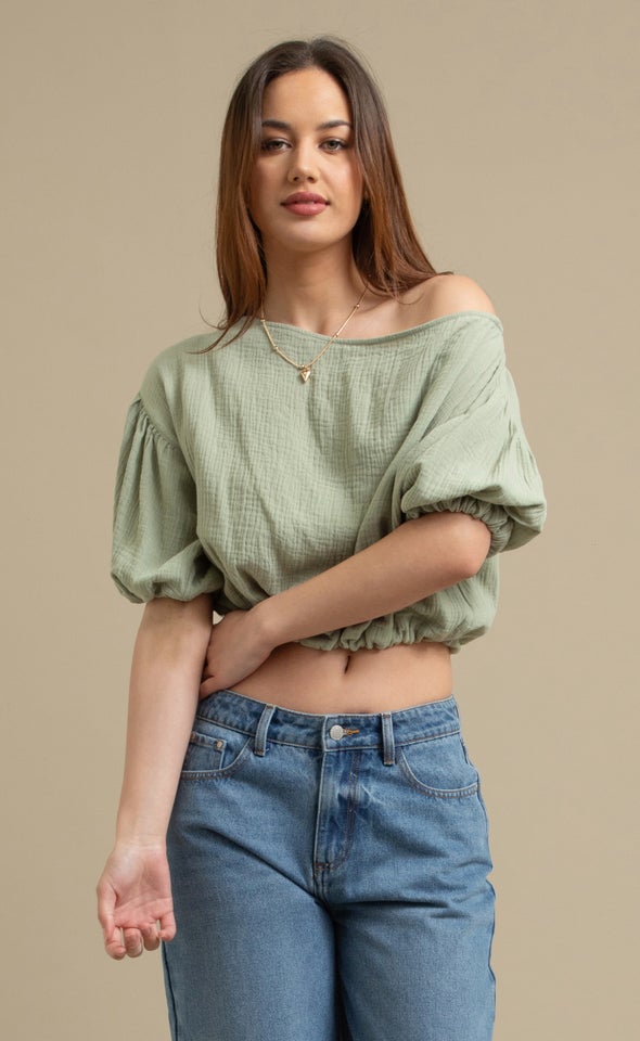 Textured Cotton Puff Sleeve Top Sage
