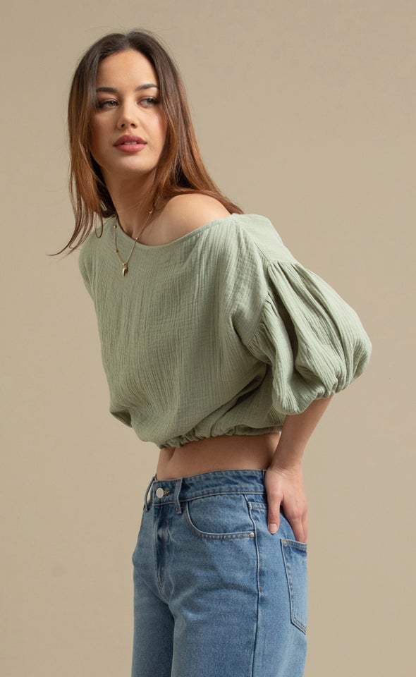Textured Cotton Puff Sleeve Top Sage