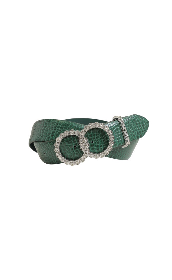 Textured Double Ring Buckle Belt Silver/emerald