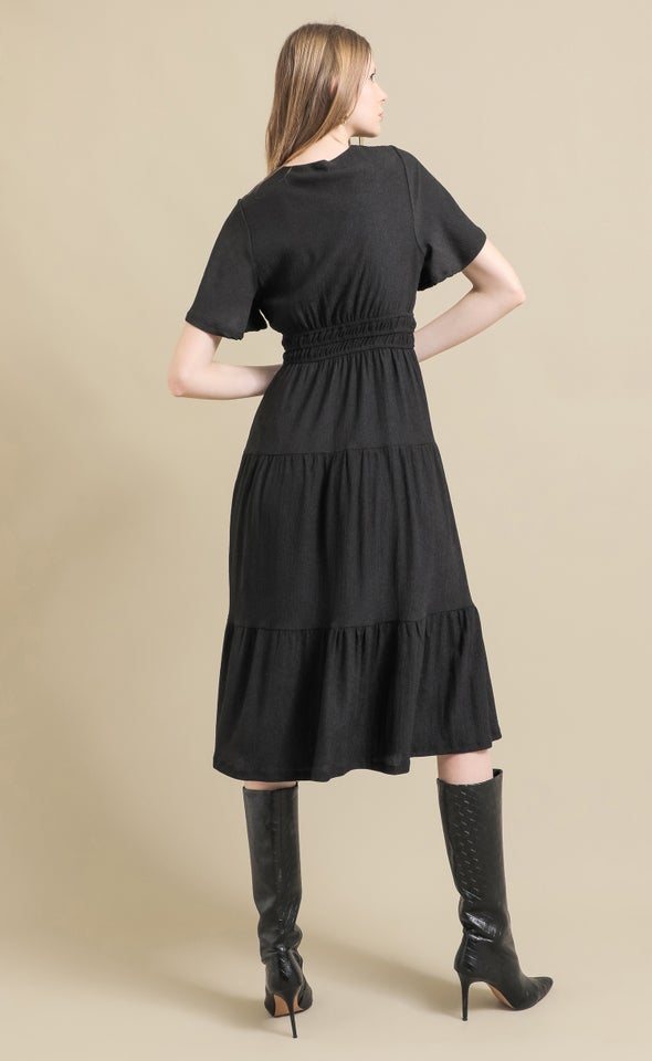 Textured Jersey Flutter Sleeve Dress Black