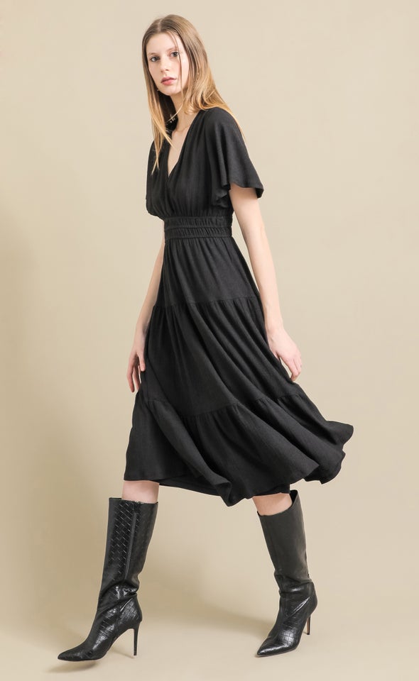 Textured Jersey Flutter Sleeve Dress Black