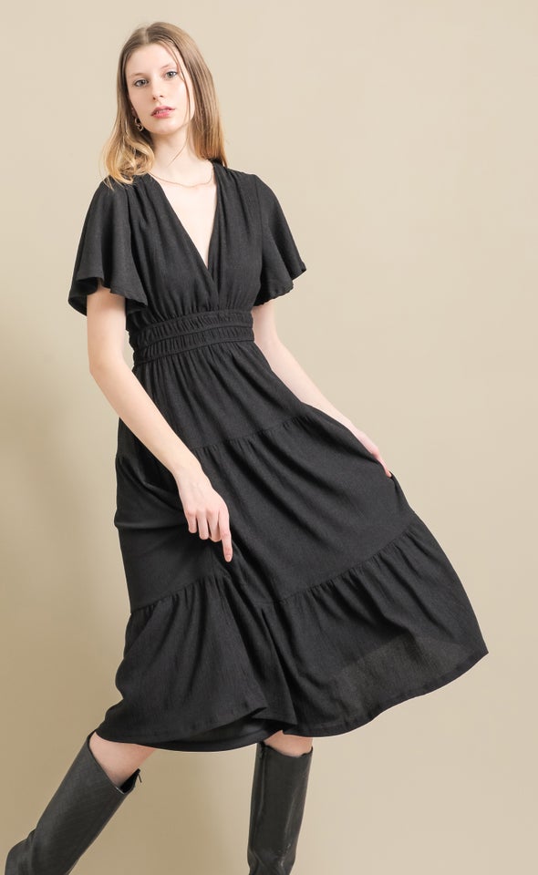 Textured Jersey Flutter Sleeve Dress Black