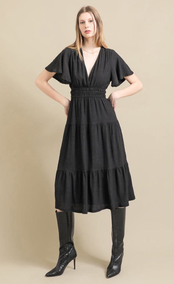 Textured Jersey Flutter Sleeve Dress Black