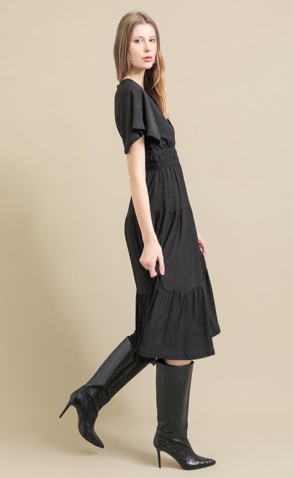 Textured Jersey Flutter Sleeve Dress Black