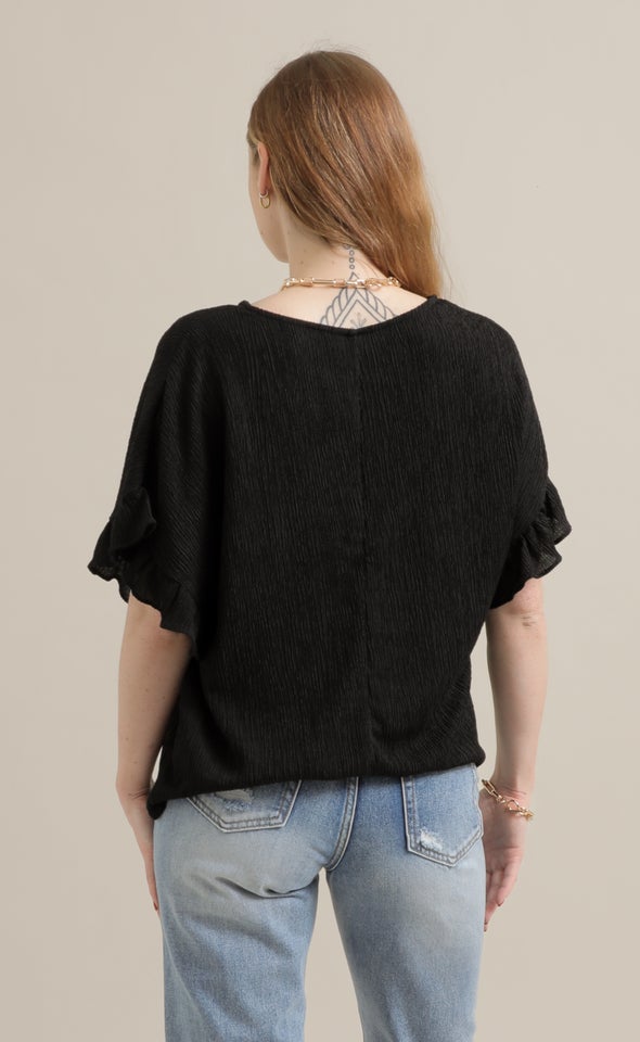 Textured Jersey Frill Sleeve Top Black