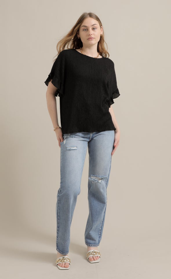 Textured Jersey Frill Sleeve Top Black