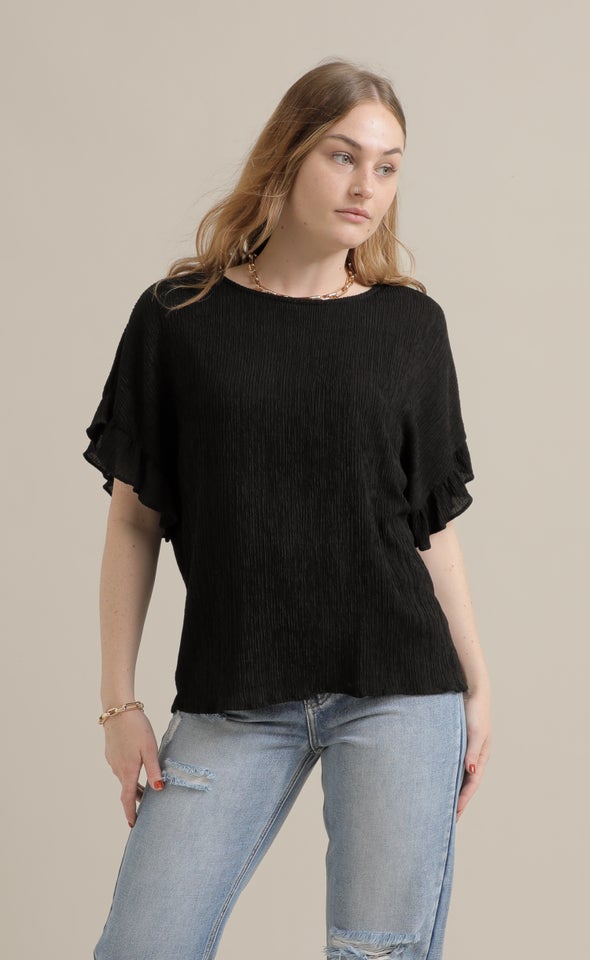 Textured Jersey Frill Sleeve Top Black