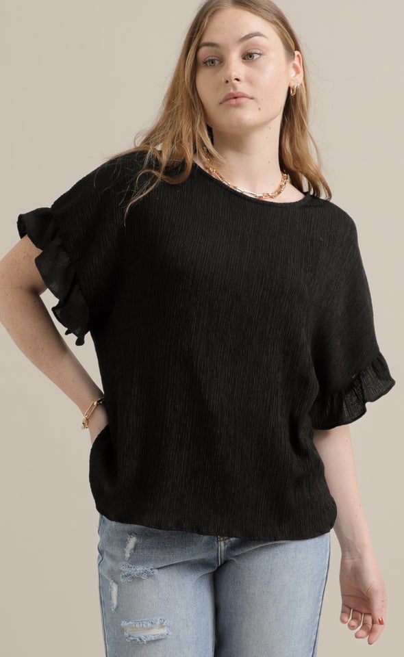 Textured Jersey Frill Sleeve Top Black