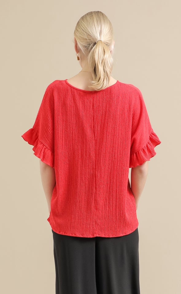 Textured Jersey Frill Sleeve Top Crimson