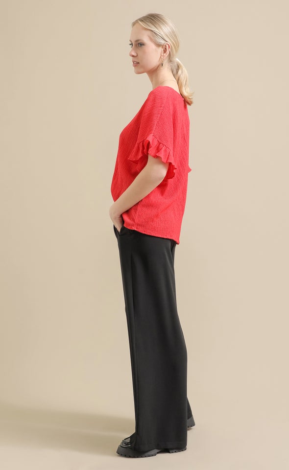 Textured Jersey Frill Sleeve Top Crimson